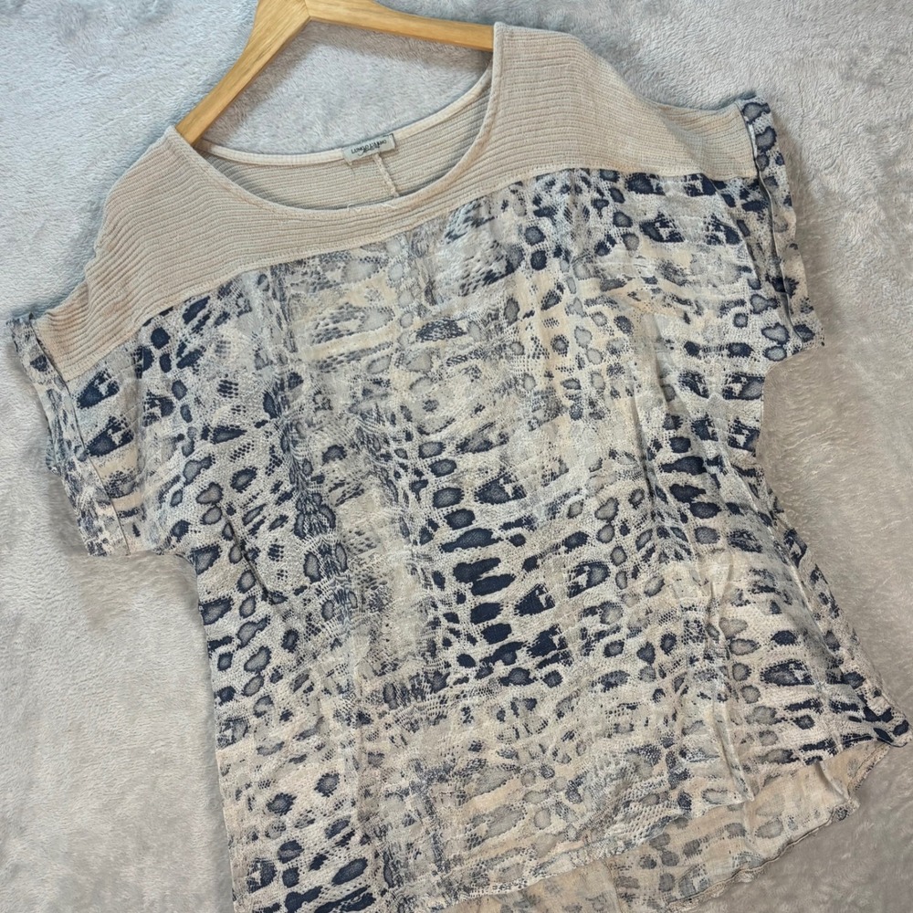 Lungo L'Arno Womens Linen Top 1X Beige Navy Animal Print Italy‎ Lightweight
